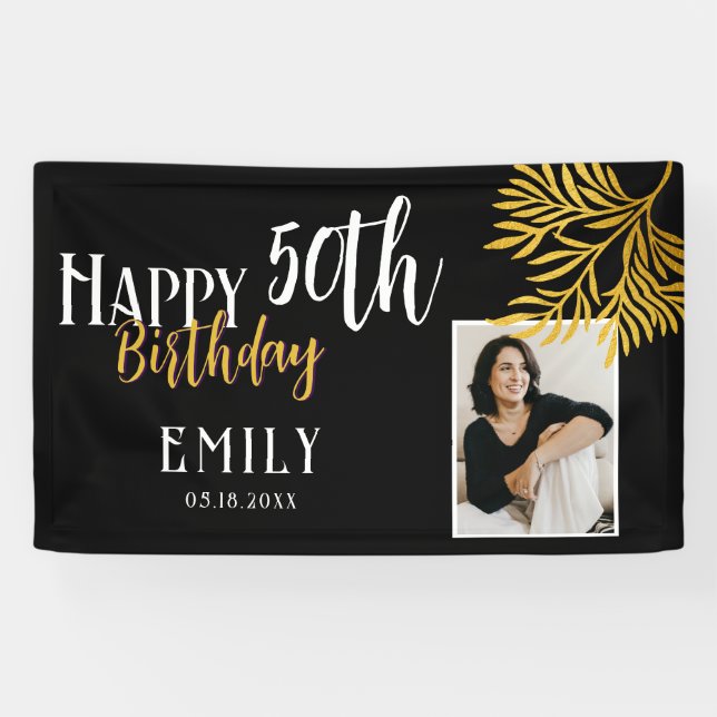 Lona Happy 50th Birthday Gold Foliage Photo Backdrop (Horizontal)