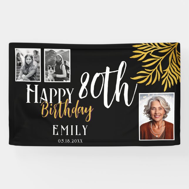 Lona Happy 80th Birthday Gold Foliage 3 Photo Backdrop (Horizontal)