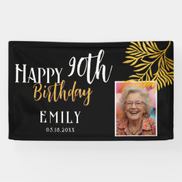 Lona Happy 90th Birthday Gold Foliage Photo Backdrop