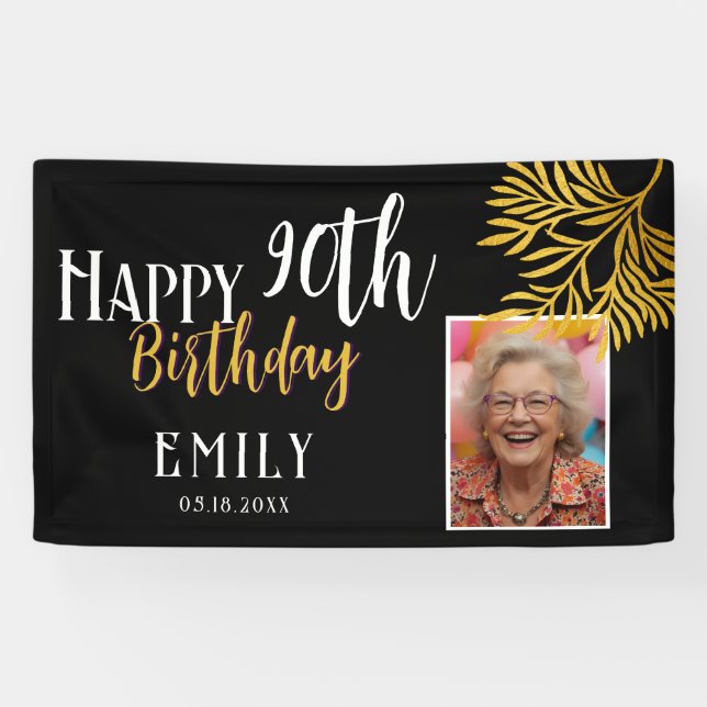 Lona Happy 90th Birthday Gold Foliage Photo Backdrop (Horizontal)