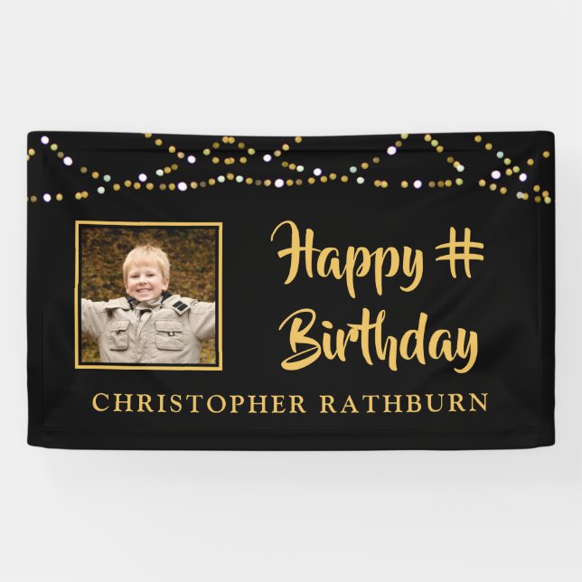 Lona Happy Birday String Lights Photo Black Gold (Horizontal)