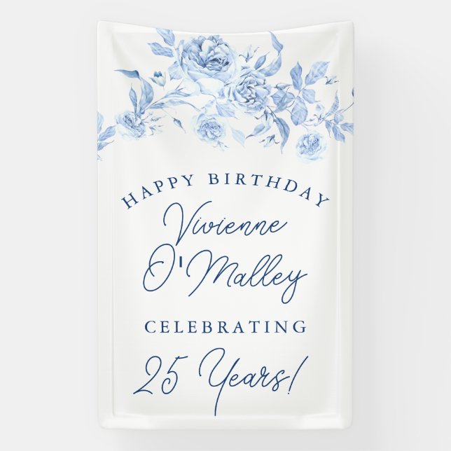 Lona Happy Birthday Banner 25th Blue Floral Template (Vertical)