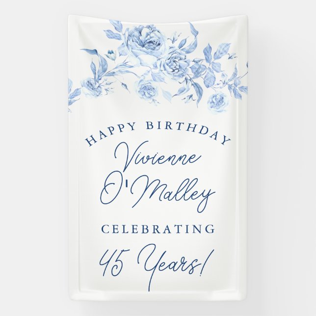 Lona Happy Birthday Banner 45th Blue Floral Template (Vertical)