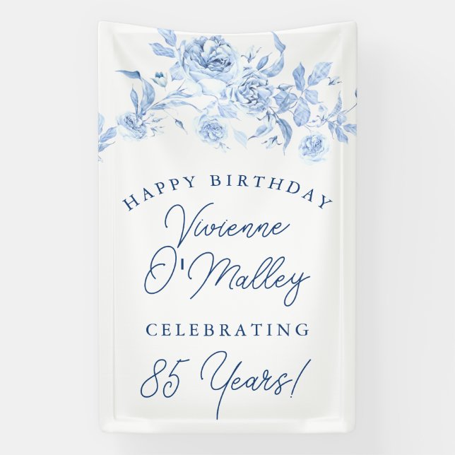 Lona Happy Birthday Banner 85th Blue Floral Template (Vertical)
