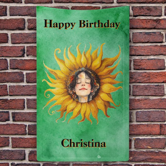 Lona Happy Birthday Girl Face in Sunflower Green (Smiling girl's face in fancy yellow sunflower on green happy birthday banner decoration.)