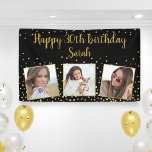 Lona Happy Birthday Gold Glitter Photos Any Year Custom<br><div class="desc">Celebrate a big birthday with this banner featuring 3 photos of the birthday girl/boy and the birthday girl's name,  all set against a black background accented with faux gold glitter confetti sparkles.  Fun and festive perfect for any birthday celebration.</div>