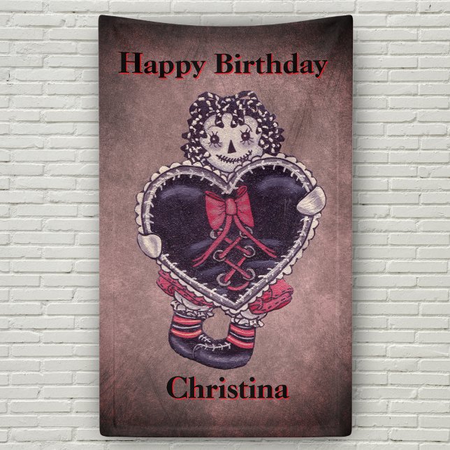 Lona Happy Birthday Gothic Grunge Rag Doll Heart (Gothic dark themed rag doll black heart on grungy pink dark grey Birthday Banner.)