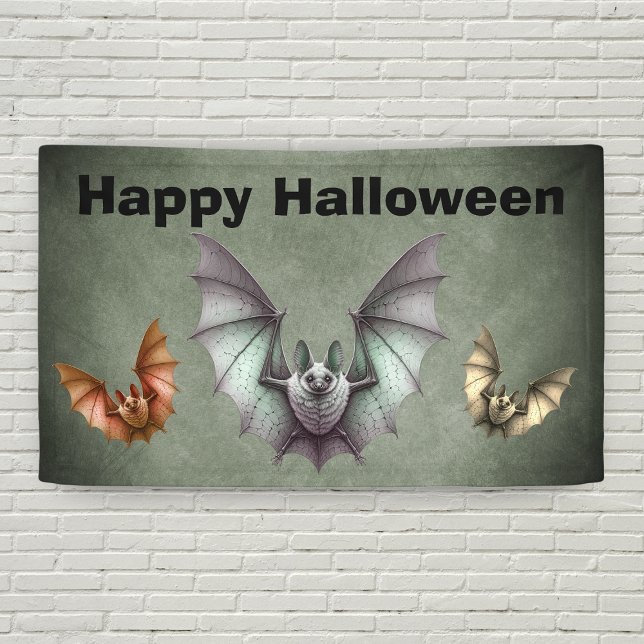 Lona Happy Halloween Flying Creepy Bats Grunge Grey (Flying creepy bats in grey, orange and yellow on shades of grey Happy Halloween banner decoration.)