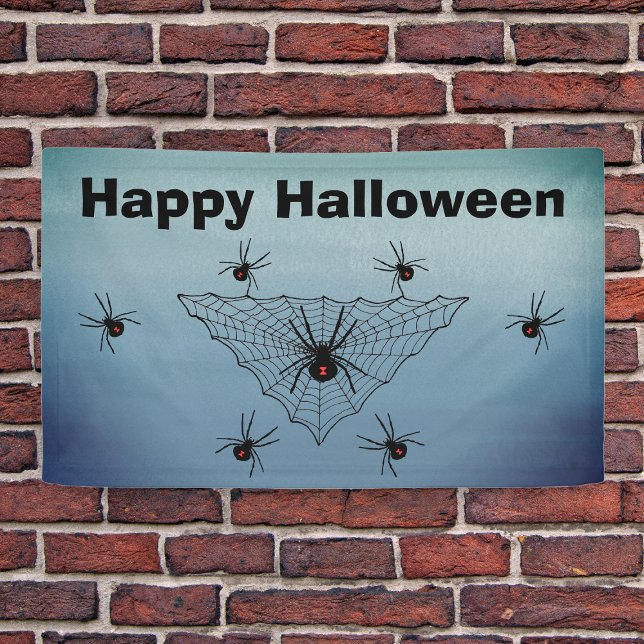 Lona Happy Halloween Spider Web Poison Spider Blue Grey (Crawling black widow spiders triangle shaped web on Happy Halloween banner in shades of blue grey.)