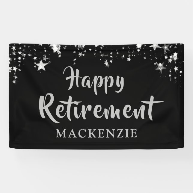 Lona HAPPY RETIREMENT Personalizado Black Silver Stars (Horizontal)