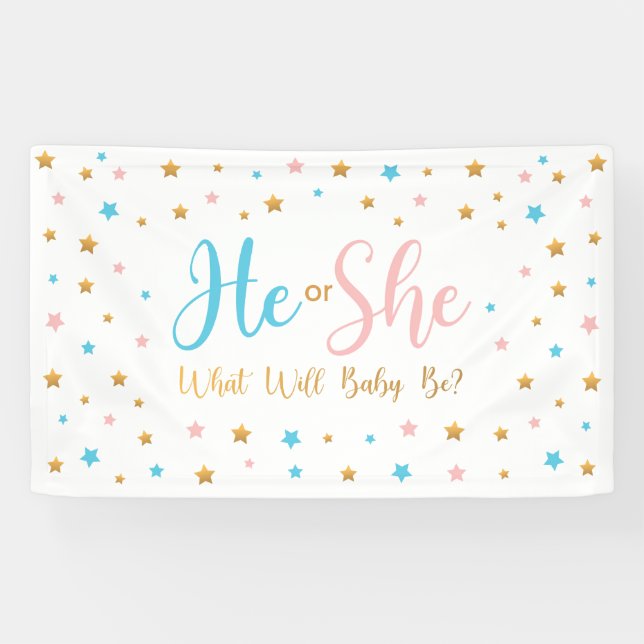 Lona He or She Stars Gender Reveal banner sign  (Horizontal)
