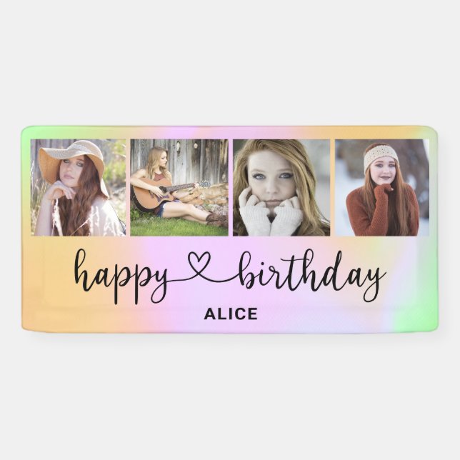 Lona Heart Script 4 Photo Holographic Birthday Banner (Horizontal)