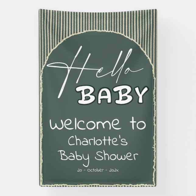 Lona Hello Baby Dark Green Stripes Baby Shower (Vertical)