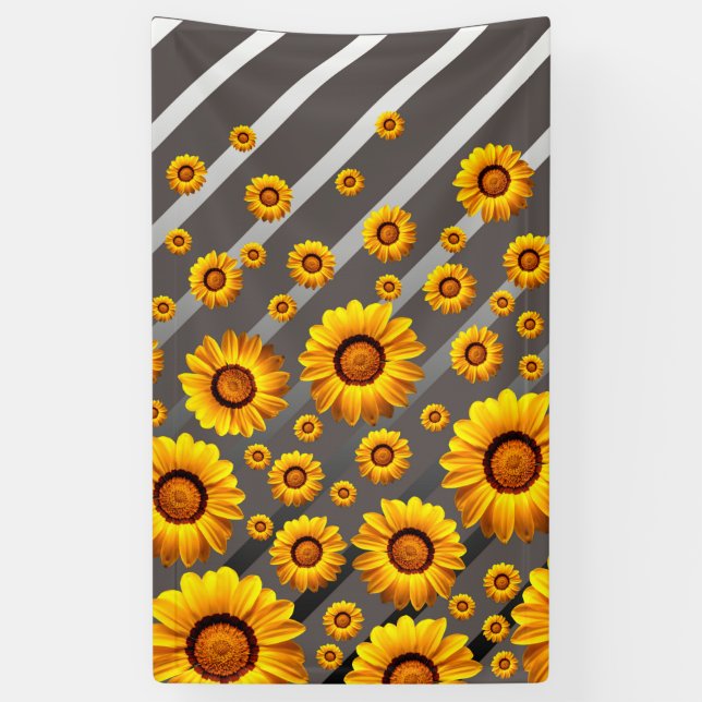 Lona Hermosas flores amarillas sobre rayas grises y pla (Vertical)