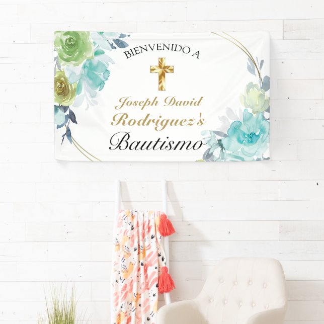 Lona Hermoso Azul Floral Oro Cruz Bautismo Bienvenido (In situ)
