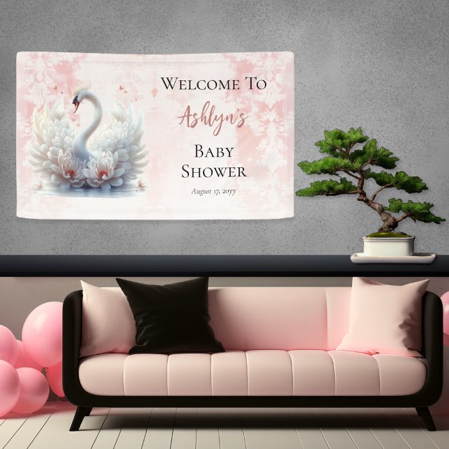 Lona Hermoso Chica de Damasco Floral Rosa (Beautiful Swan Pink Floral Damask Girl Baby Shower Banner)