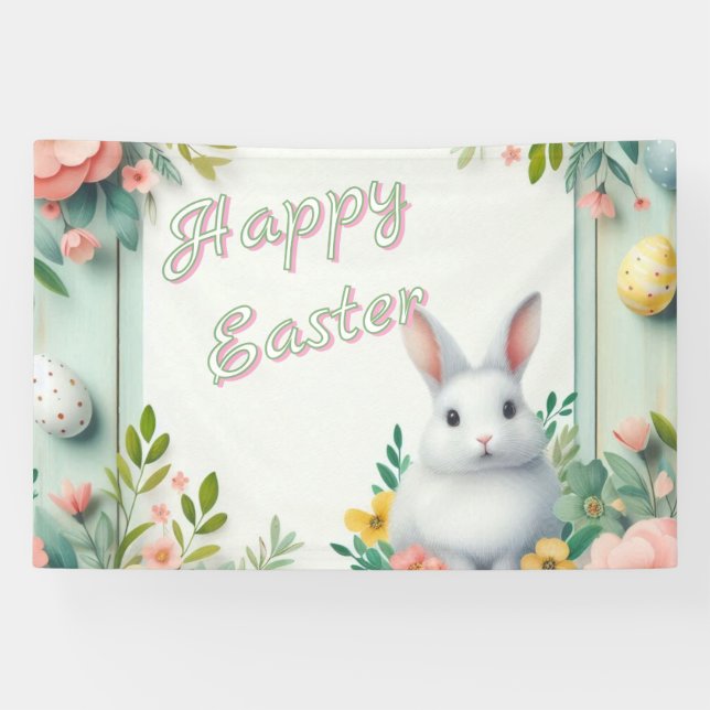 Lona Hermoso conejito de Pascua con flores (Horizontal)