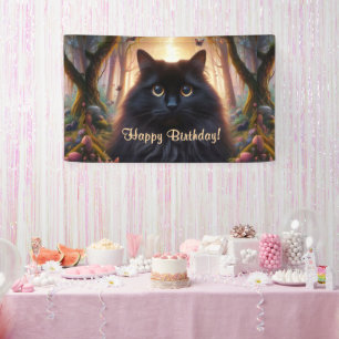 Lona Hermoso Gato Negro Fluffy con Ojos de Oro Cumpleañ