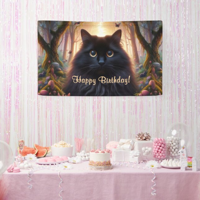 Lona Hermoso Gato Negro Fluffy con Ojos de Oro Cumpleañ (Fiesta)