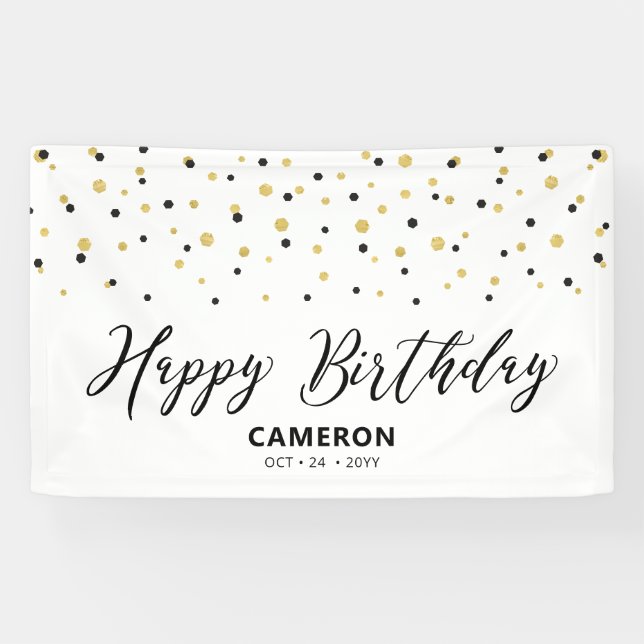 Lona Hexagón negro de oro Personalizado Confetti Feliz  (Horizontal)