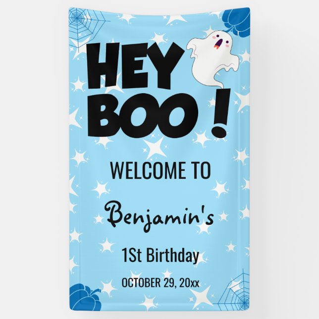 Lona Hey Boo Blue Halloween Fantasma Fiesta de cumpleañ (Vertical)