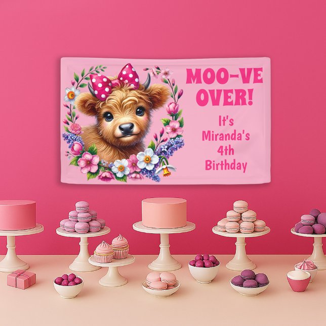 Lona Highland Cow Moo-ve más de 4 años (Cute Highland Cow child's birthday party banner)