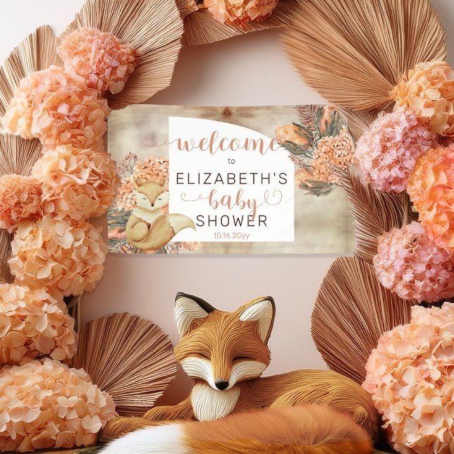 Lona Hojas de palma | Bienvenida a Baby Shower de Hydra (Boho Palm Leaves and Hydrangeas Sleeping Fox Girl Baby Shower Banner)