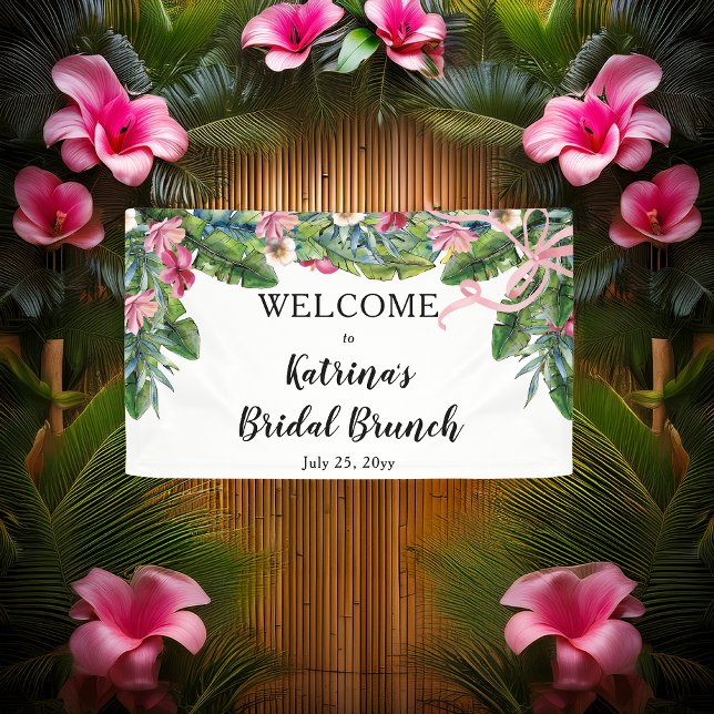 Lona Hojas tropicales | Brunch de novias con flores ros (Boho Tropical Hibiscus and Greenery with Pink Coquette Bow Bridal Brunch "Welcome" Banner)