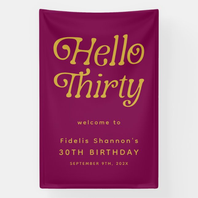 Lona Hola vino Retro rojo y oro 30 cumpleaños (Vertical)