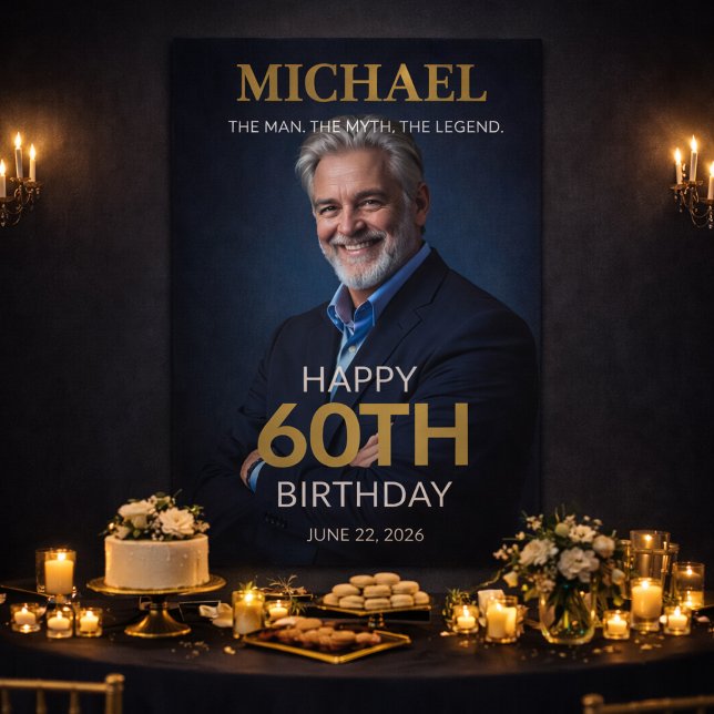 Lona Hombre Mito Leyenda Banner Cumpleaños 60 (Elegant navy gold 60th birthday banner for him with photo, perfect for upscale celebrations)