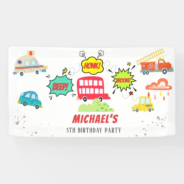 Lona Honk beep vroom vehículos felices cumpleaños (Horizontal)