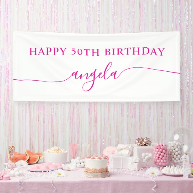 Lona Hot Pink Happy 50th Birthday Glam Signature Name (Fiesta)