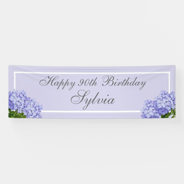 Lona Hydrangea Lavanda Feliz 90 Cumpleaños (Horizontal)