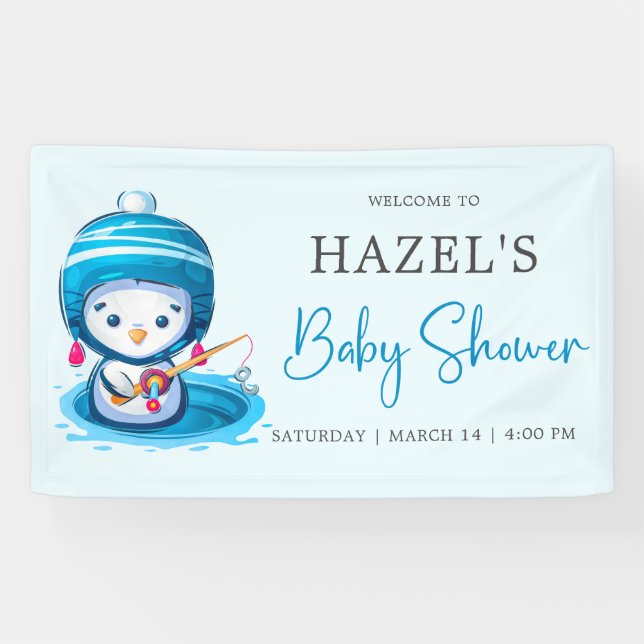 Lona Icy Blue Winter Penguin Fishing Baby Shower (Horizontal)