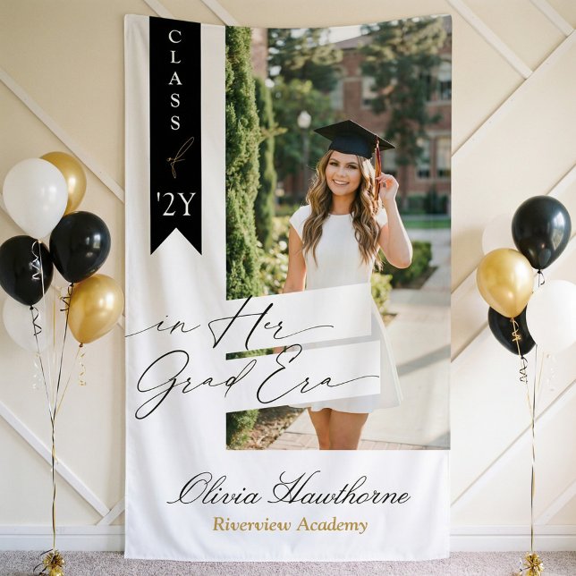 Lona In Her Grad Era Elegant Photo Graduation Party (In Her Grad Era Elegant Photo Graduation Party Banner)
