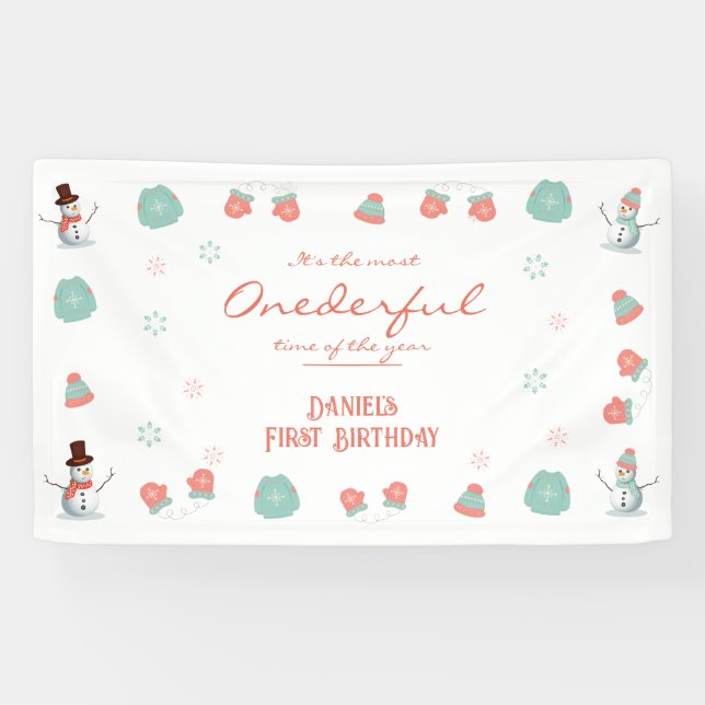 Lona Invierno de Nieve Cute Onederland Cumpleaños (Horizontal)