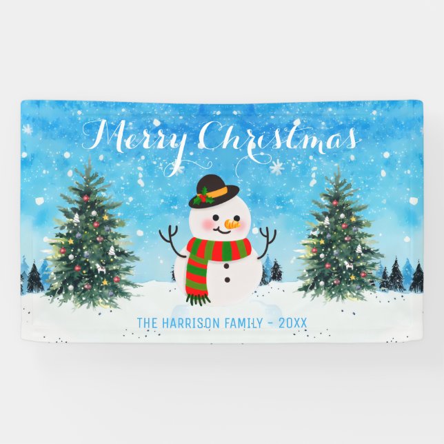 Lona Invierno lindo Snowman Snowy Árboles navideños (Horizontal)