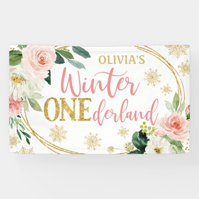 Lona Invierno Onederland Gold Pink Floral Cumpleaños (Horizontal)