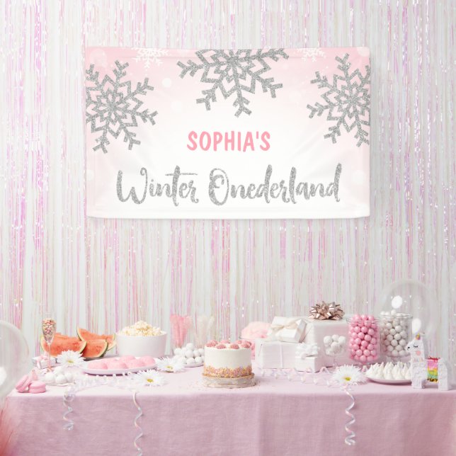 Lona Invierno rosa Plata ONEderland Primer cumpleaños (Fiesta)