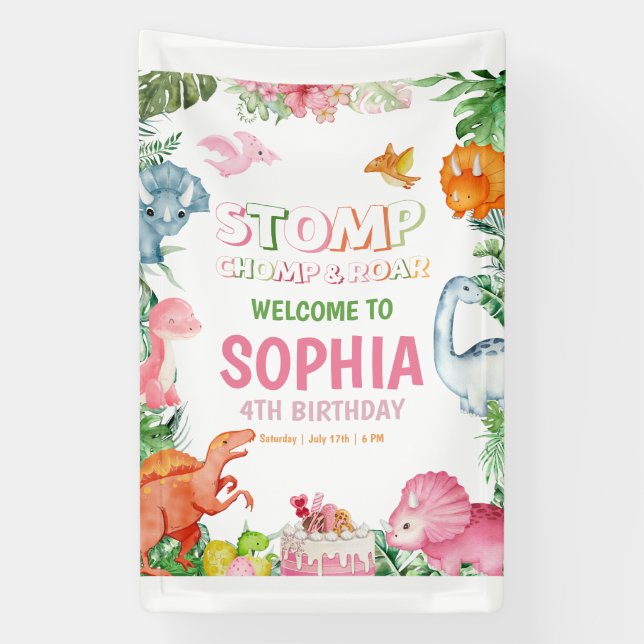Lona Invitación de cumpleaños de dinosaurio rosa niña d (Vertical)