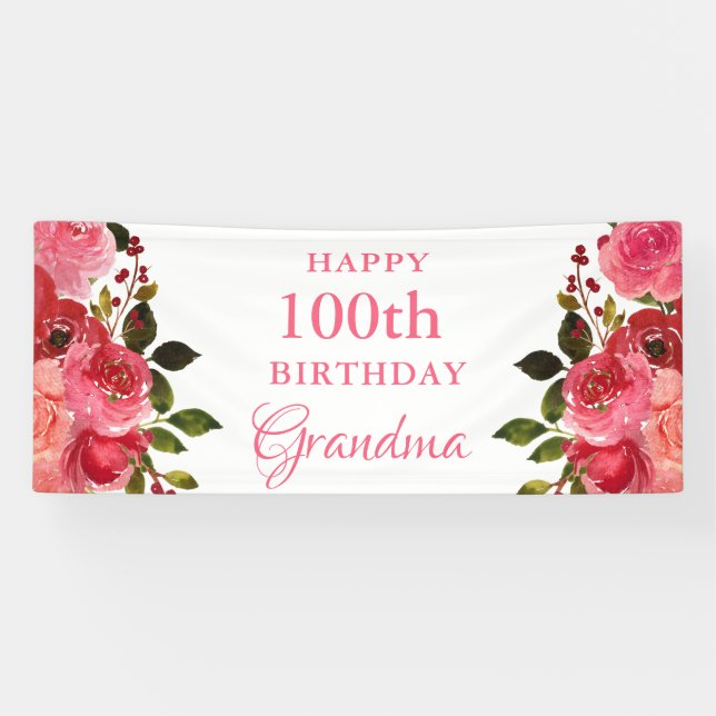 Lona Invitación de cumpleaños número 100 con flores en  (Horizontal)