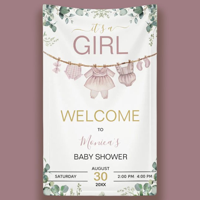 Lona It's A Girl Pink Watercolor Baby Shower Welcome (It's A Girl Pink Watercolor Baby Shower Welcome Banner)