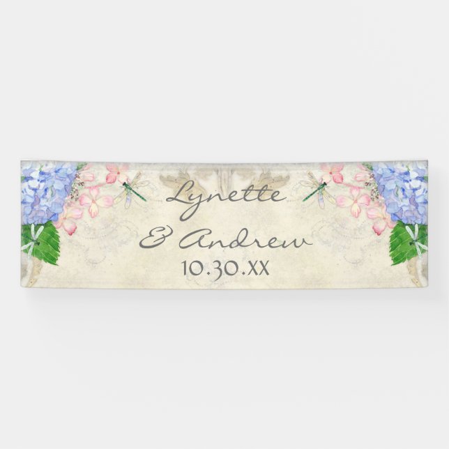 Lona Jardín inglés Hortensia azul Libélula Acuarela (Horizontal)