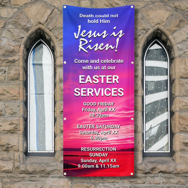 Lona JESUS ES EL Personalizado RISEN DE SERVICIOS DE IG (Vibrant JESUS IS RISEN Easter banner for church services. Fully customizable. Matching invites.)