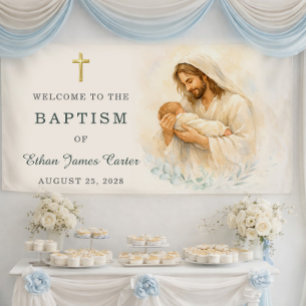 Lona Jesús sosteniendo al bebé Bautismo Bienvenida Acua