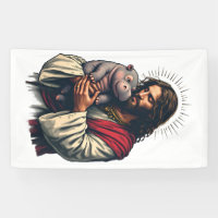 Jesús sostiene a un bebé Moo Deng Hippo