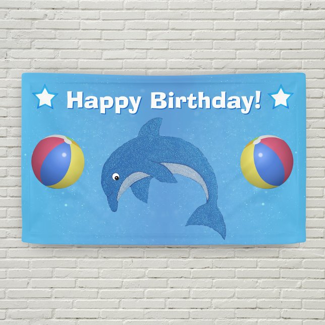 Lona Jumping Divertido Blue Dolphin Beach Ball Stars Cu (Fun blue jumping dolphin beach balls white stars on Happy Birthday bright blue backdrop.)