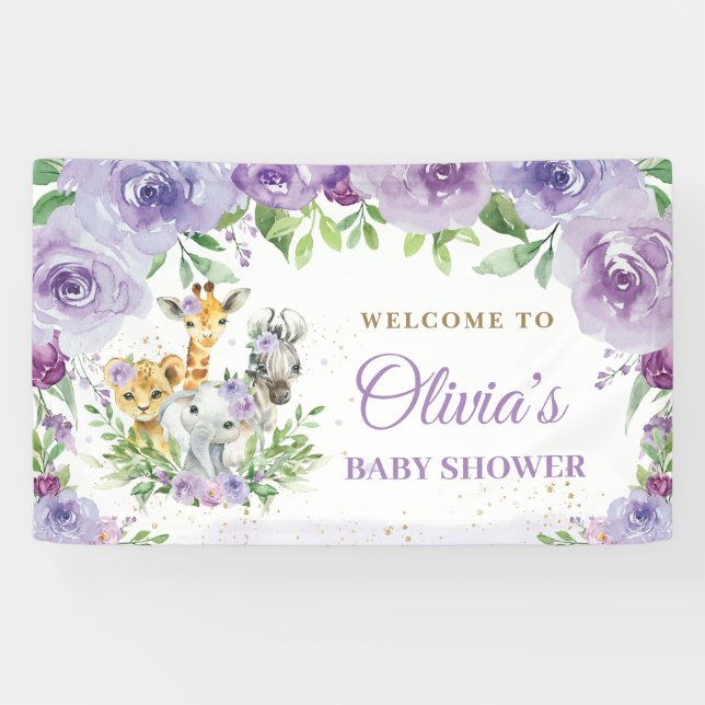 Lona Jungle Animales Safari Fondo Floral Púrpura (Horizontal)