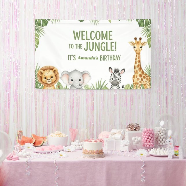 Lona Jungle Safari Animals Welcome Birthday Banner (Fiesta)