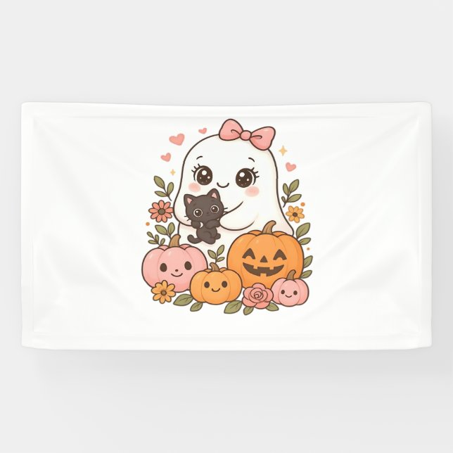 Lona Kawaii Ghost Halloween Black Cat Pumpkin Fall Spoo (Horizontal)